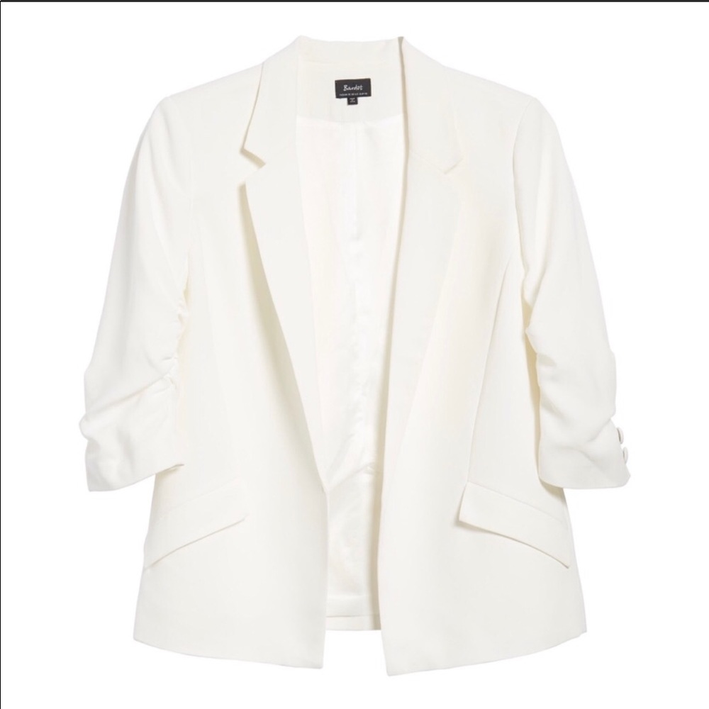 Bardot ruched sleeve white blazer